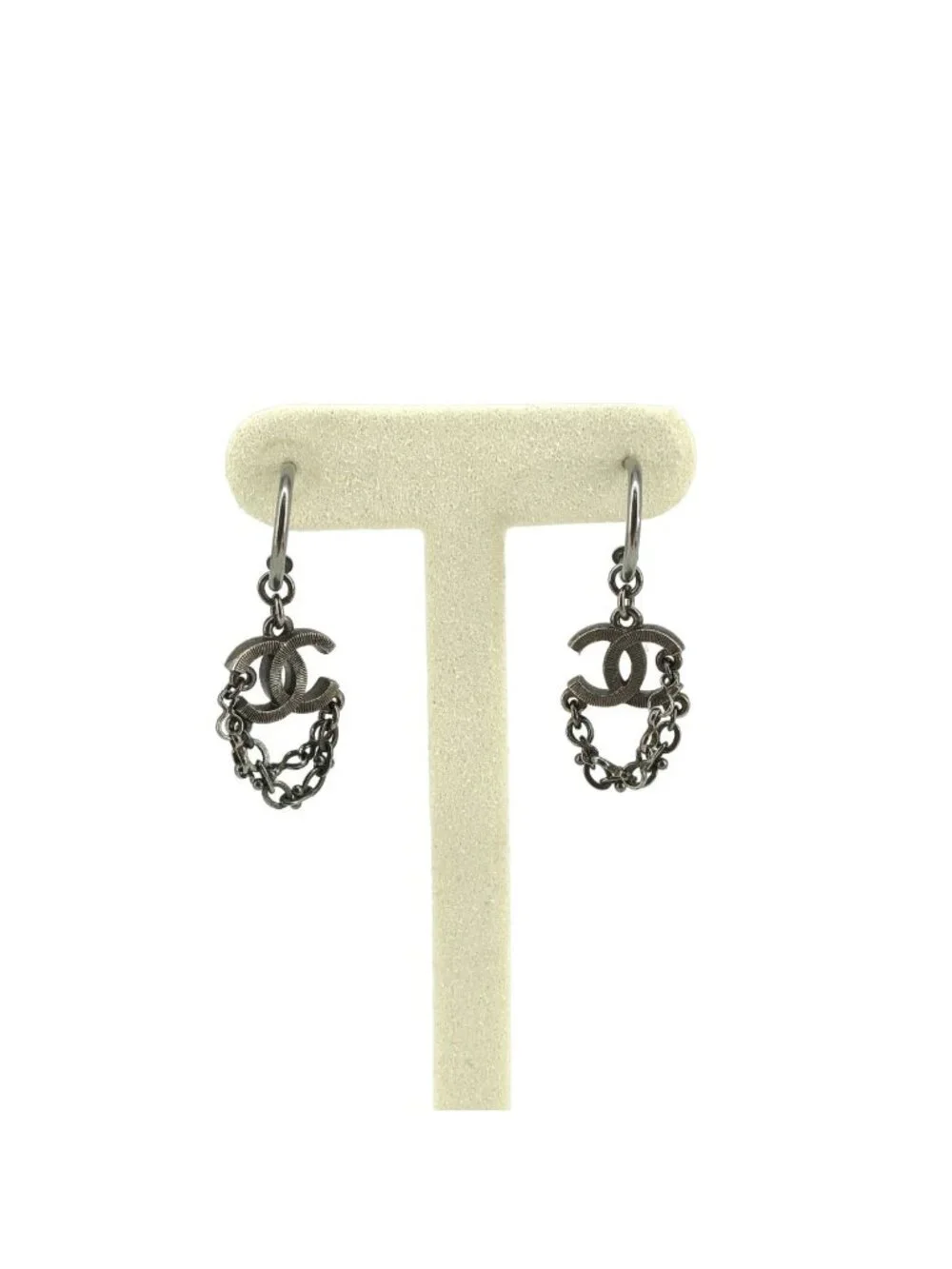 Chanel CC Logo Chain Earrings Silver